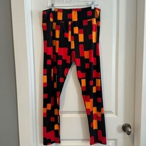 LuLaRoe Tall and Curvy Leggings - Black Red orange abstract retro squares print